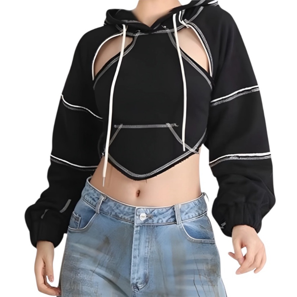 Luxedress Sassy Cutout Tie Back Contrast Stitch Drawstring Cropped Hoodie